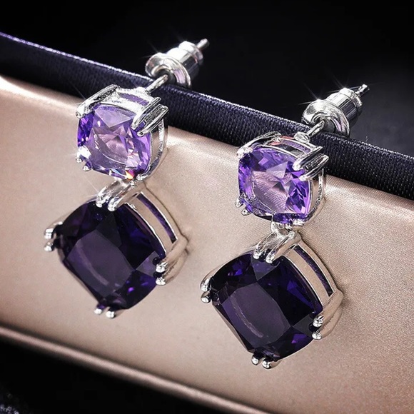 4 Ct Cushion Cut Simulated Amethyst Drop Dangle 14K White Gold Plated Earrings - Picture 5 of 11